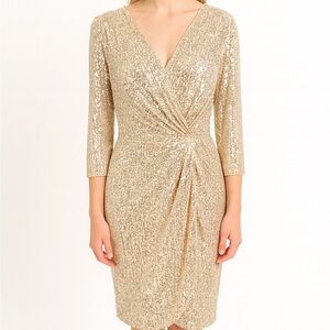 Alex Evenings Gold Sequin Cocktail Dress Faux Wrap V-Neck Flattering Size 14